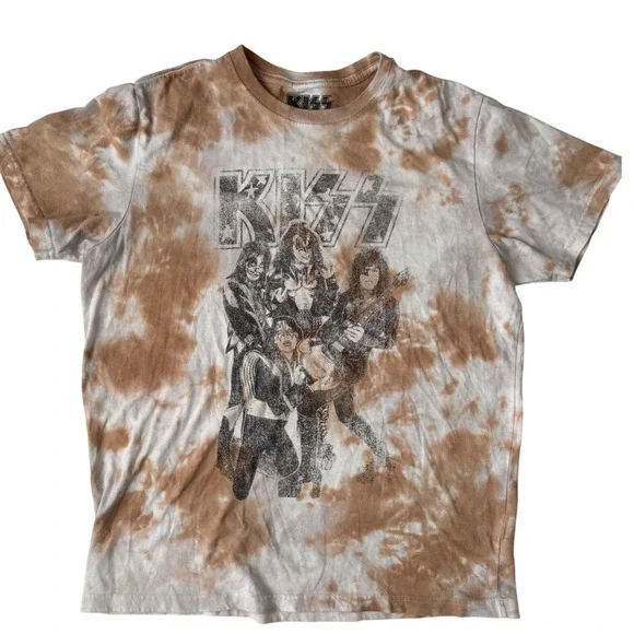 KISS Band T-Shirt Tie Dye Graphic Rock Tee Vintage Style Brown White Size Large - Picture 1 of 3
